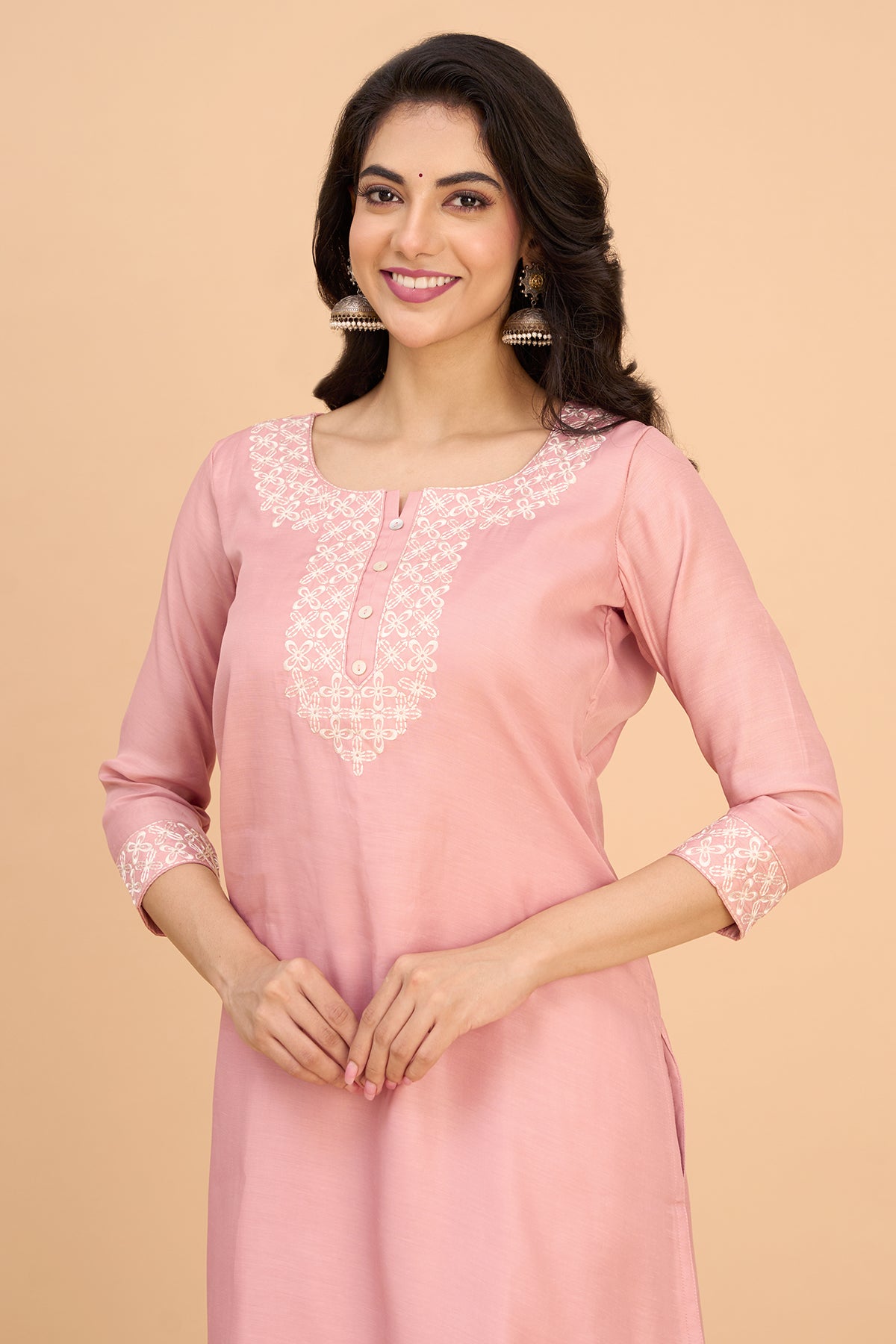 Floral Embroidered Kurta - Pink