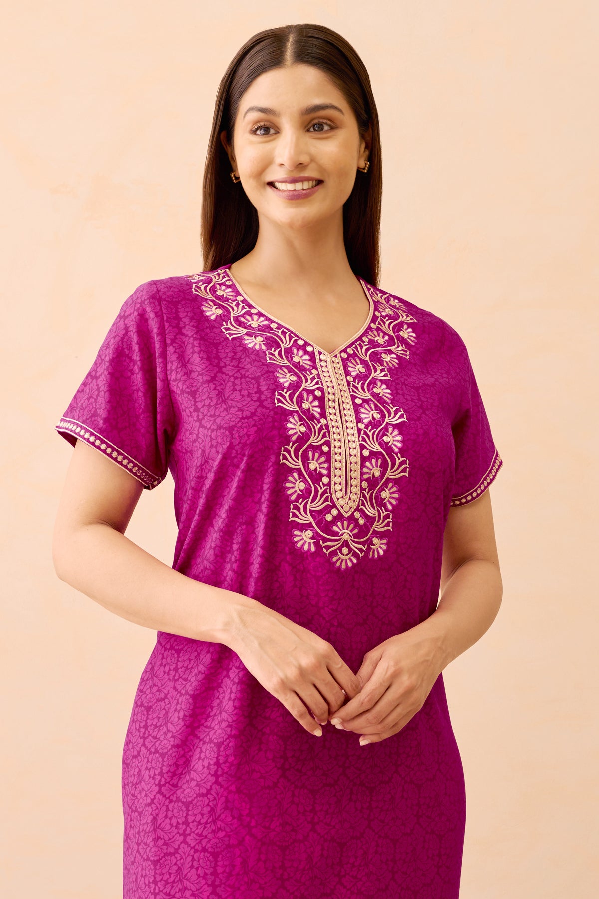 All Over Floral Printed Nighty With Floral Embroidery - Magenta