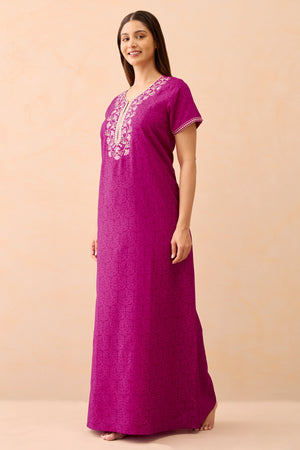 All Over Floral Printed Nighty With Floral Embroidery - Magenta