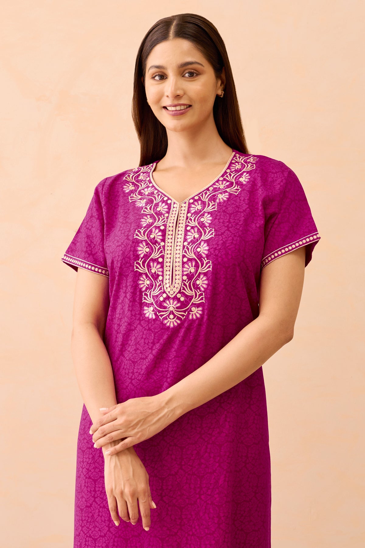 All Over Floral Printed Nighty With Floral Embroidery - Magenta