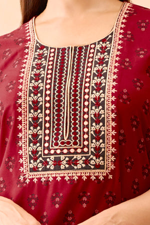 Floral Printed & Embroidered Nighty - Maroon