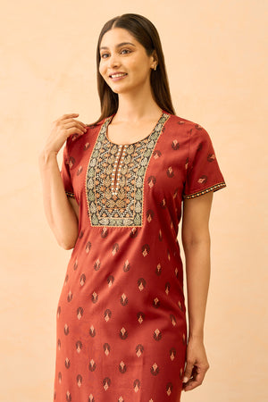 Floral Printed & Embroidered Nighty - Rust