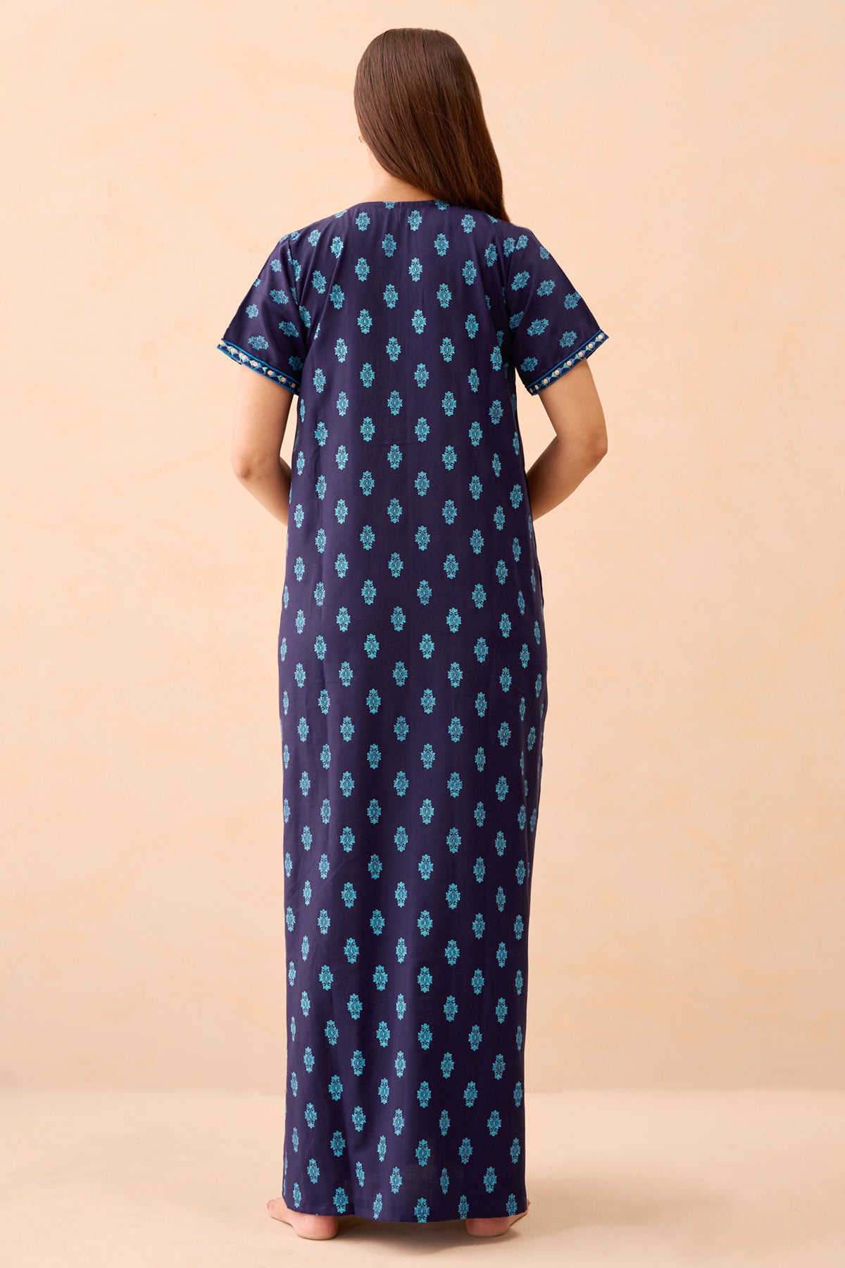 Floral Printed & Embroidered Nighty - Navy