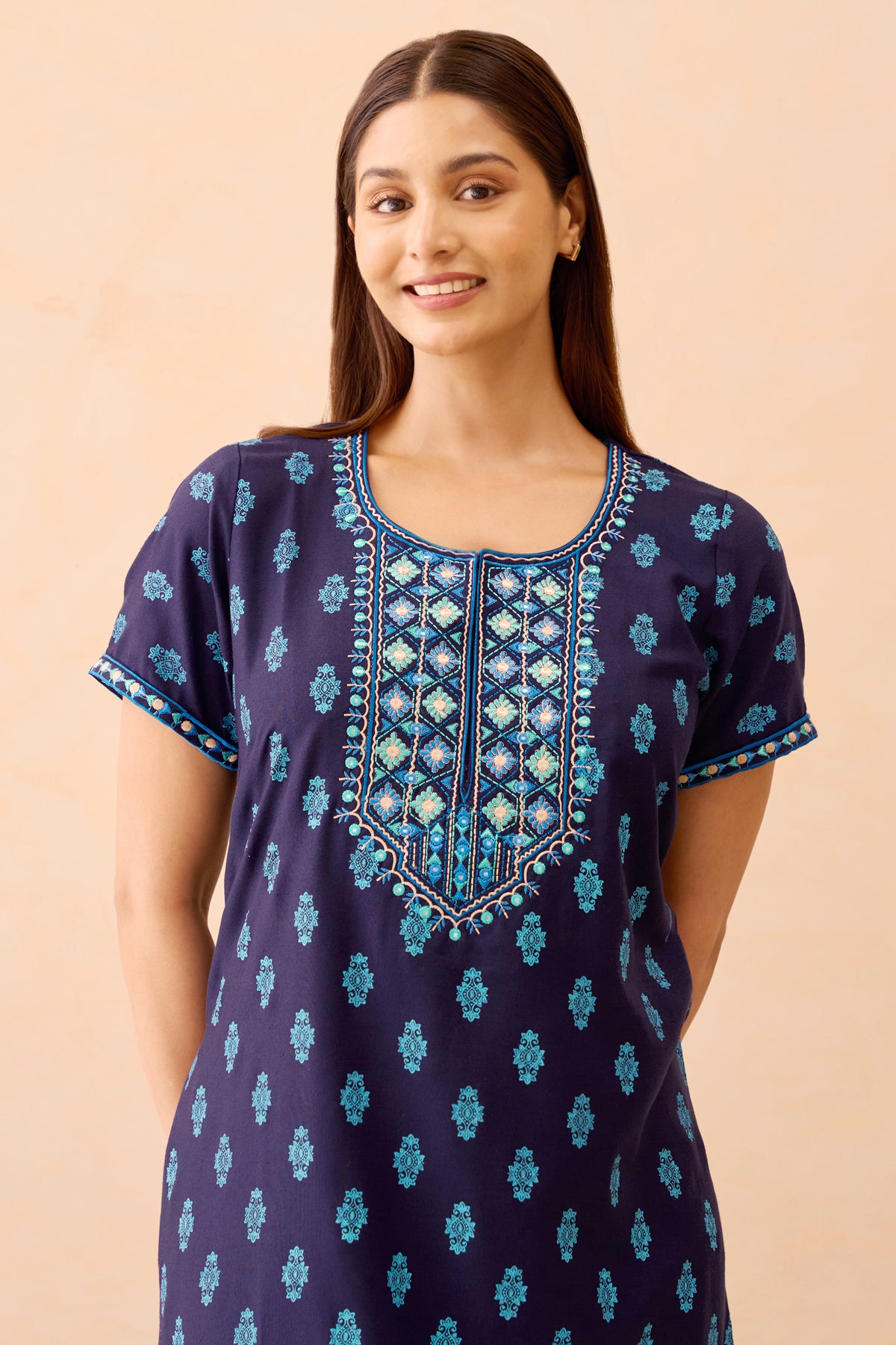 Floral Printed & Embroidered Nighty - Navy