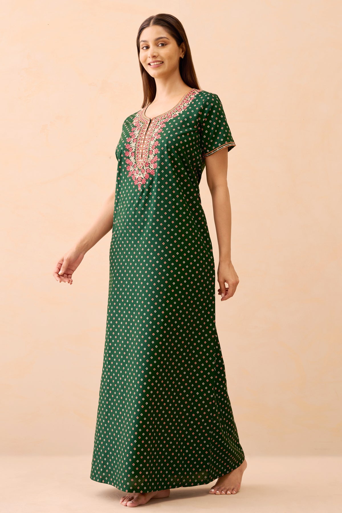 Bandhani Printed & Embroidered Nighty - Green