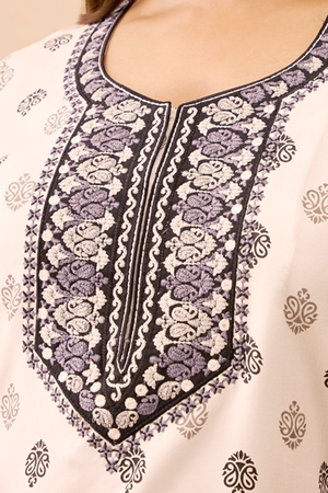 Paisley Printed & Embroidered Nighty - White