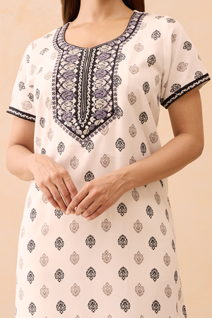 Paisley Printed & Embroidered Nighty - White