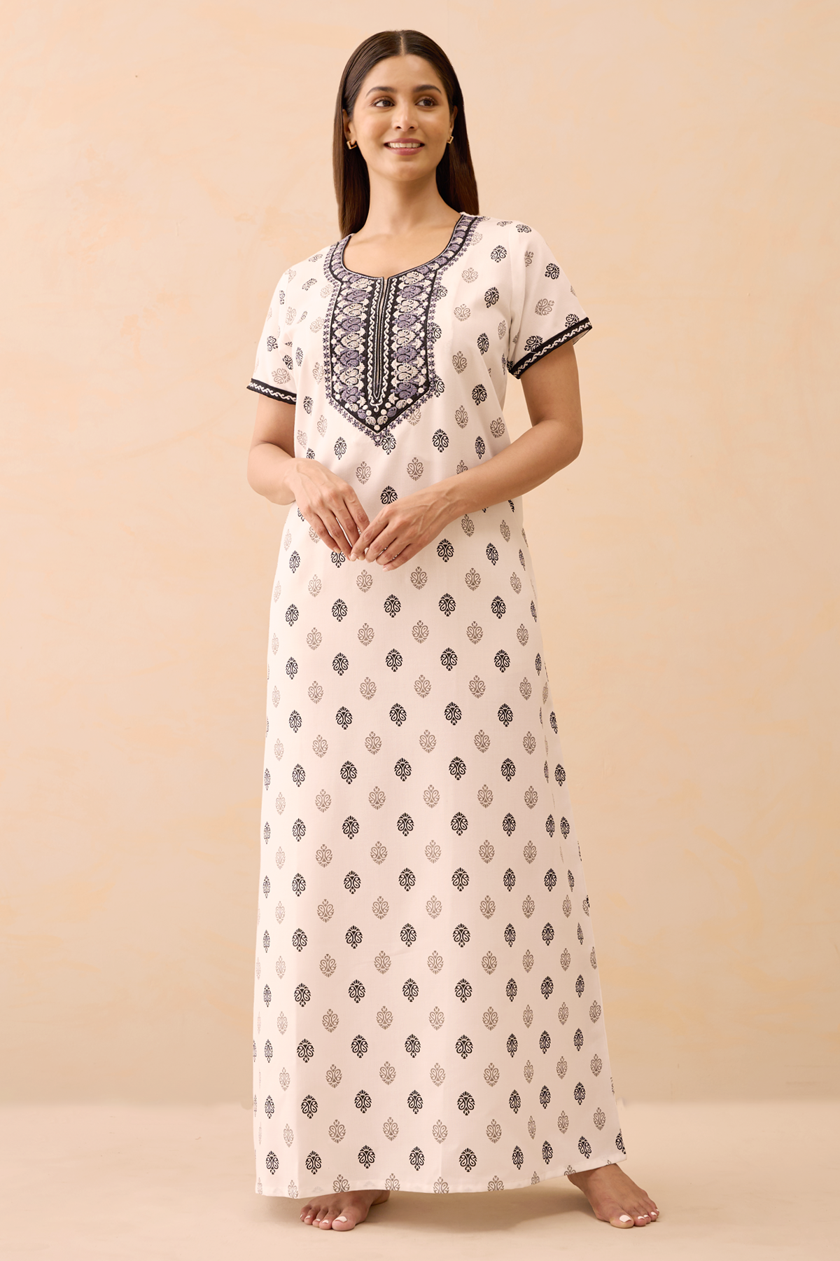 Paisley Printed & Embroidered Nighty - White