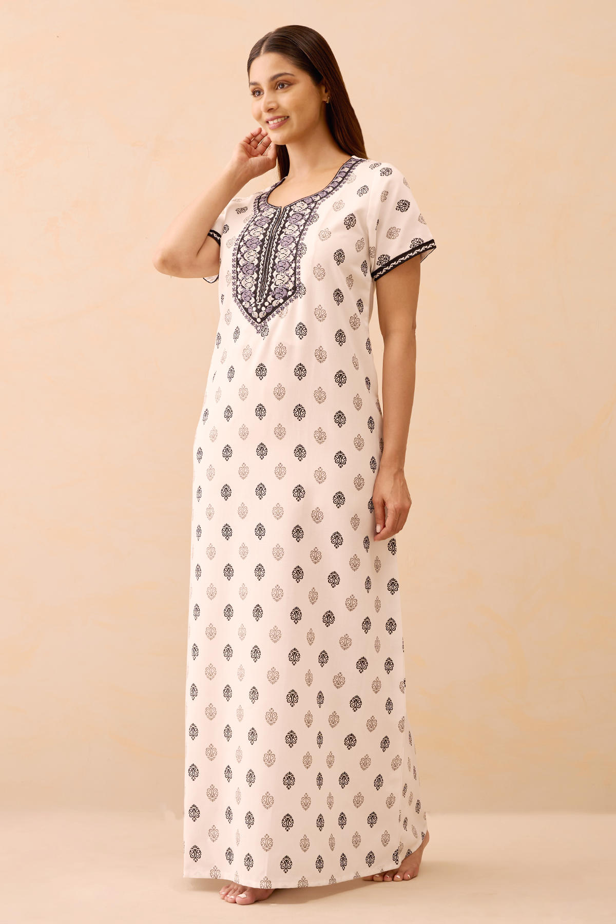 Paisley Printed & Embroidered Nighty - White