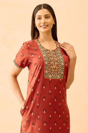 Floral Printed & Embroidered Nighty - Rust