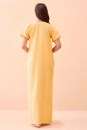 Bandhani Printed & Embroidered Nighty - Yellow