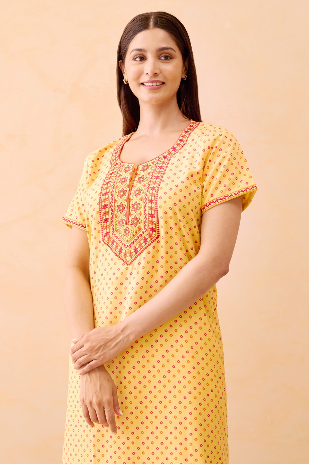 Bandhani Printed & Embroidered Nighty - Yellow