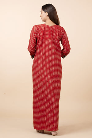 Polka Dot Printed Cotton Nighty - Maroon