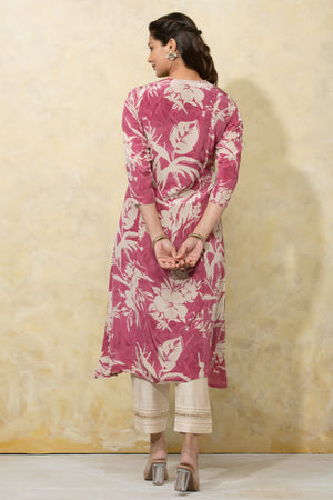 Abstract Floral Printed A-Line Kurta - Pink