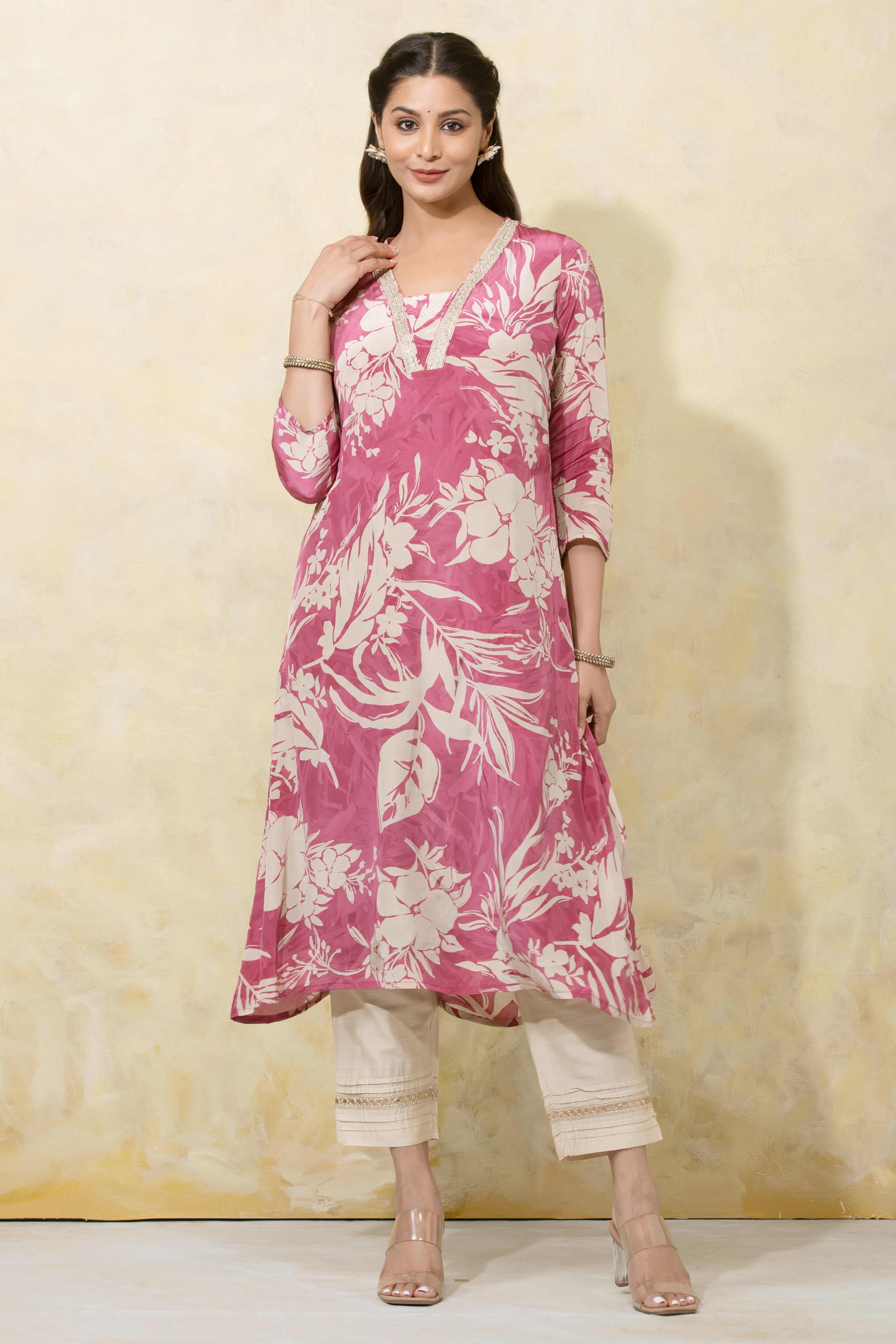 Abstract Floral Printed A-Line Kurta - Pink