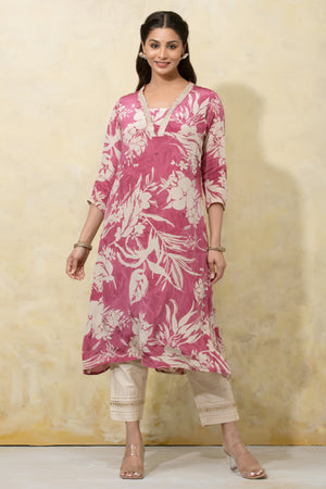 Abstract Floral Printed A-Line Kurta - Pink