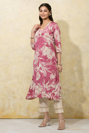 Abstract Floral Printed A-Line Kurta - Pink