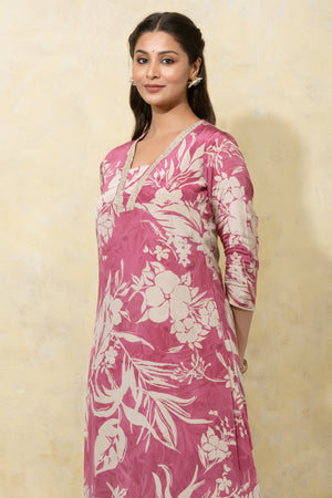 Abstract Floral Printed A-Line Kurta - Pink