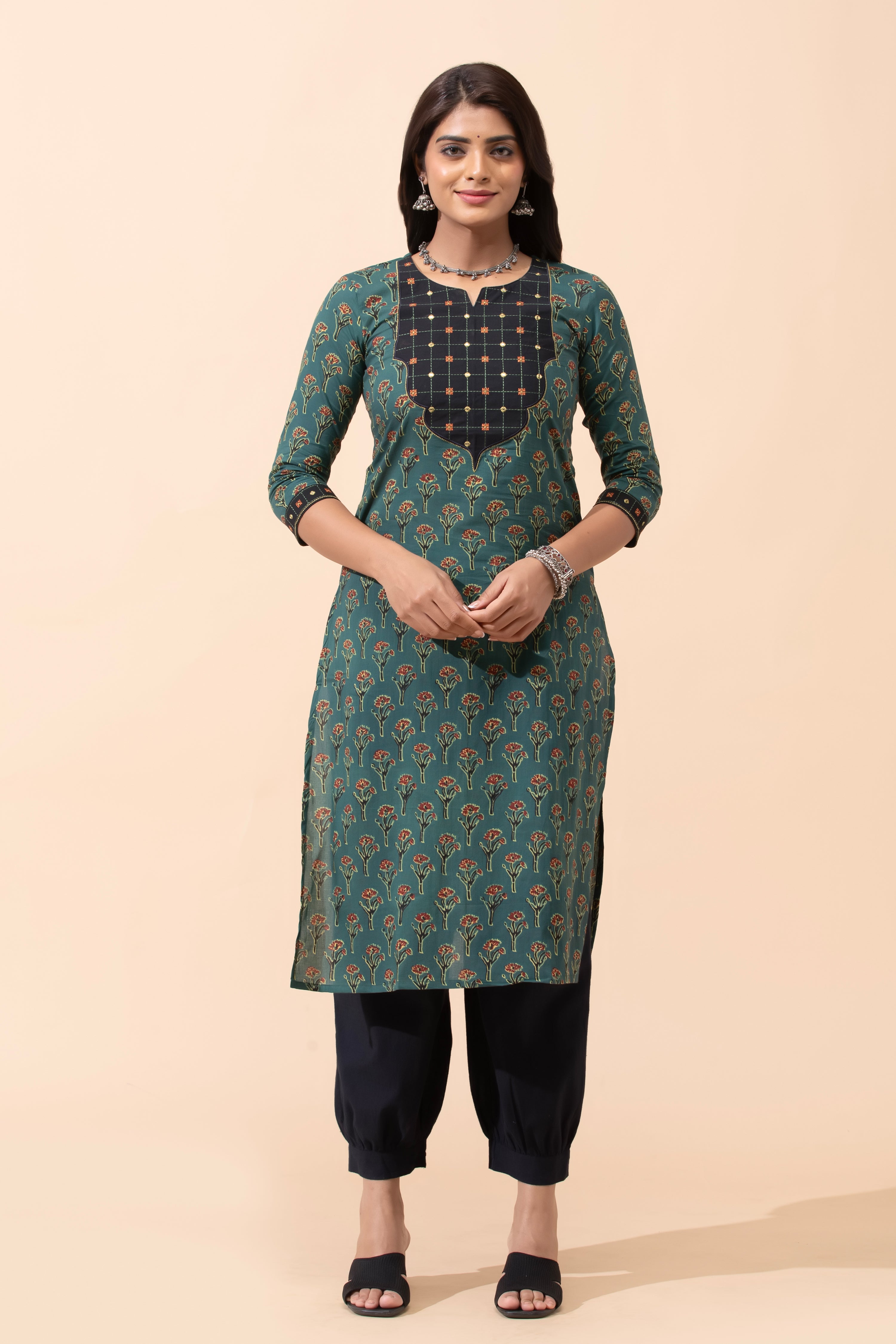 Green Floral Cotton Kurta