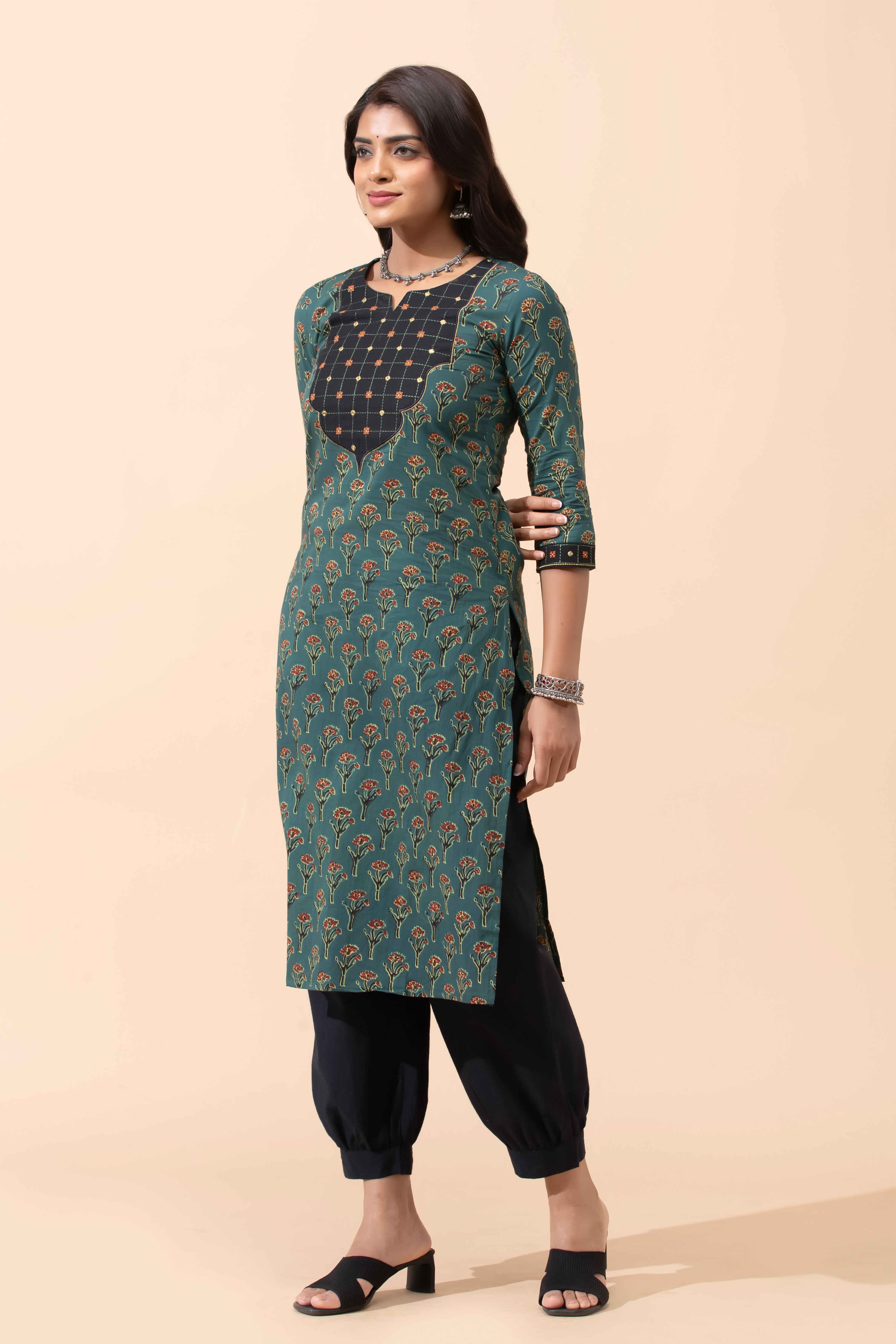 Green Floral Cotton Kurta
