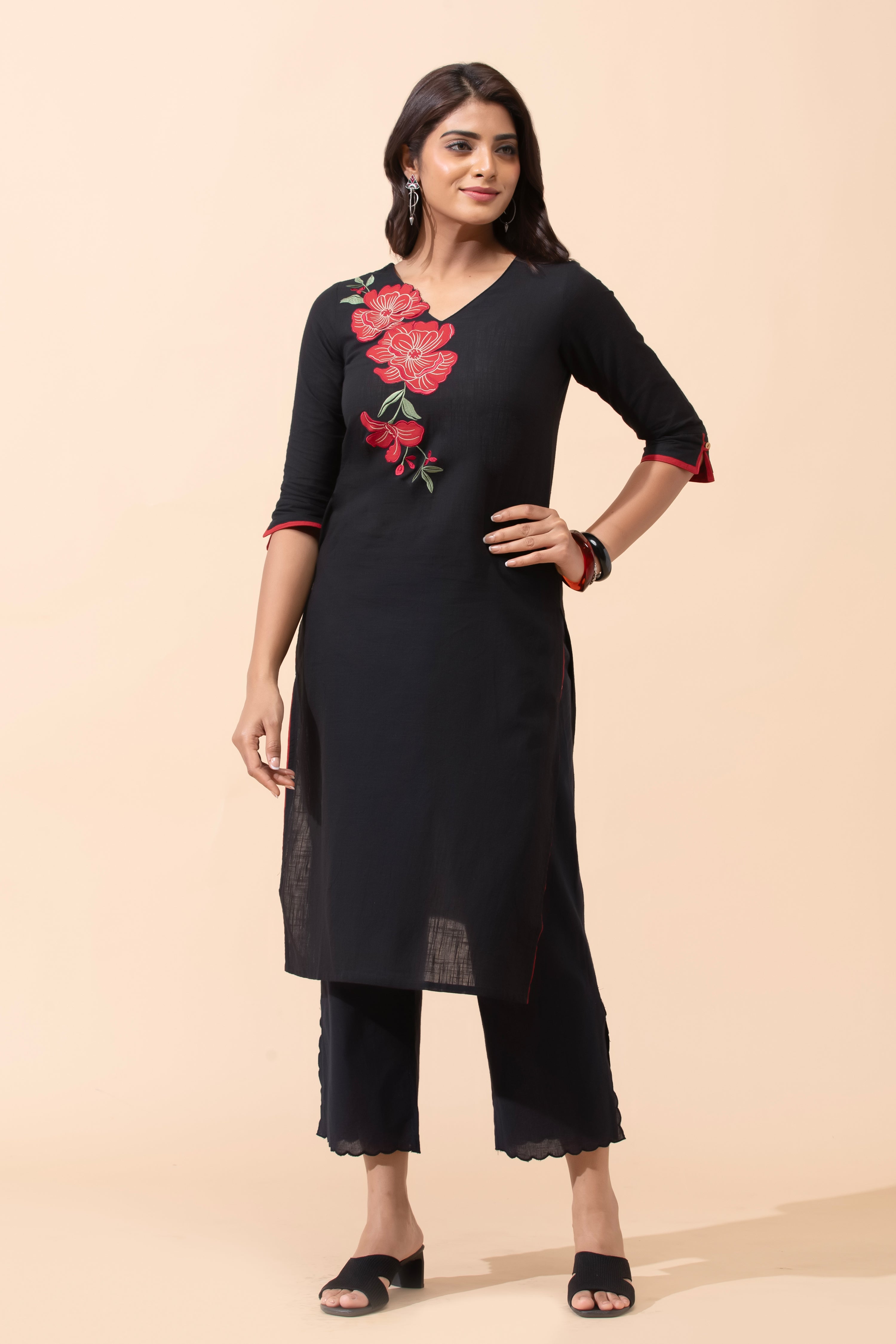 Black Floral Embroidered Cotton Kurta