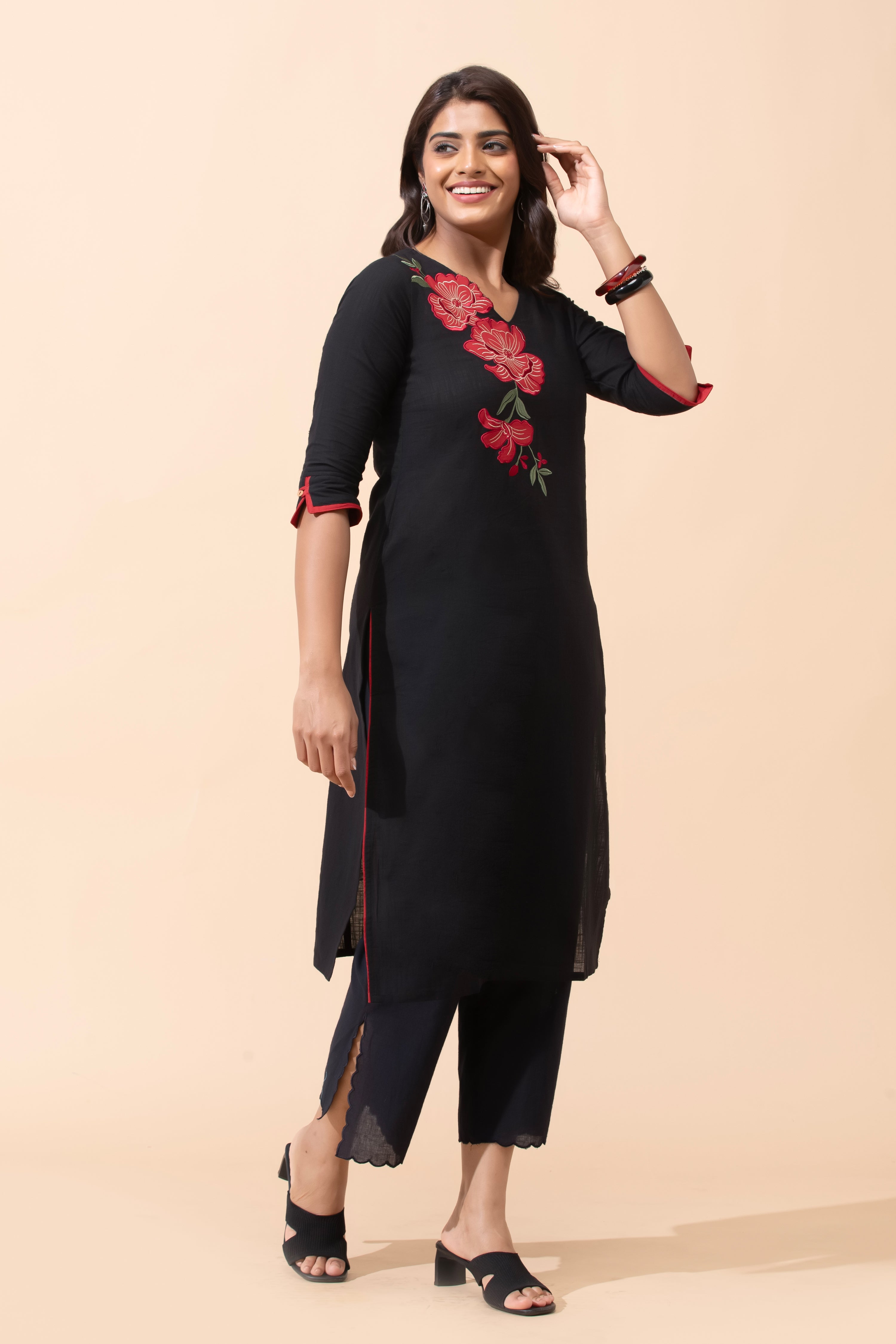 Black Floral Embroidered Cotton Kurta