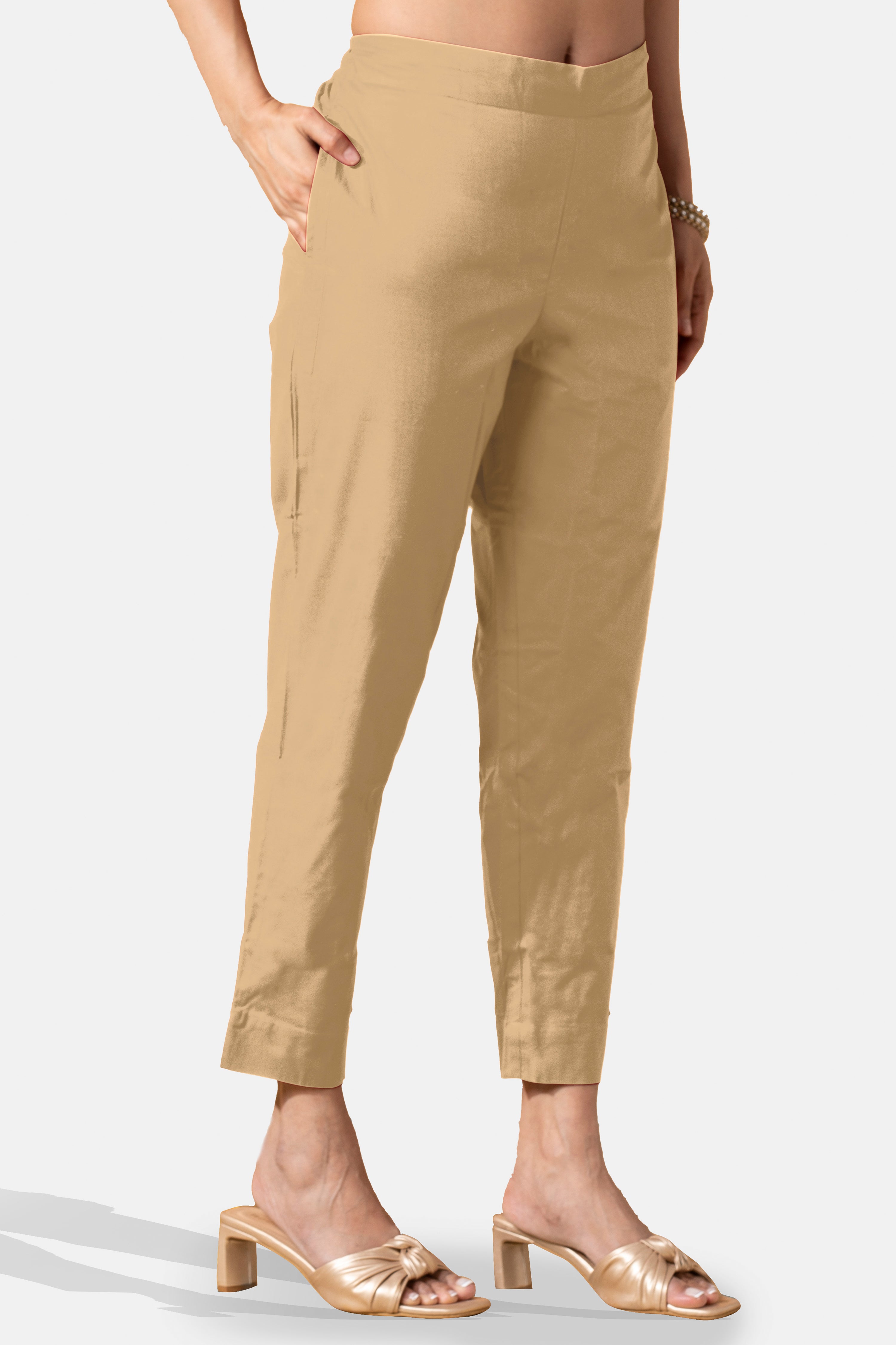 Beige Solid Pure Cotton Straight Pant with Pockets