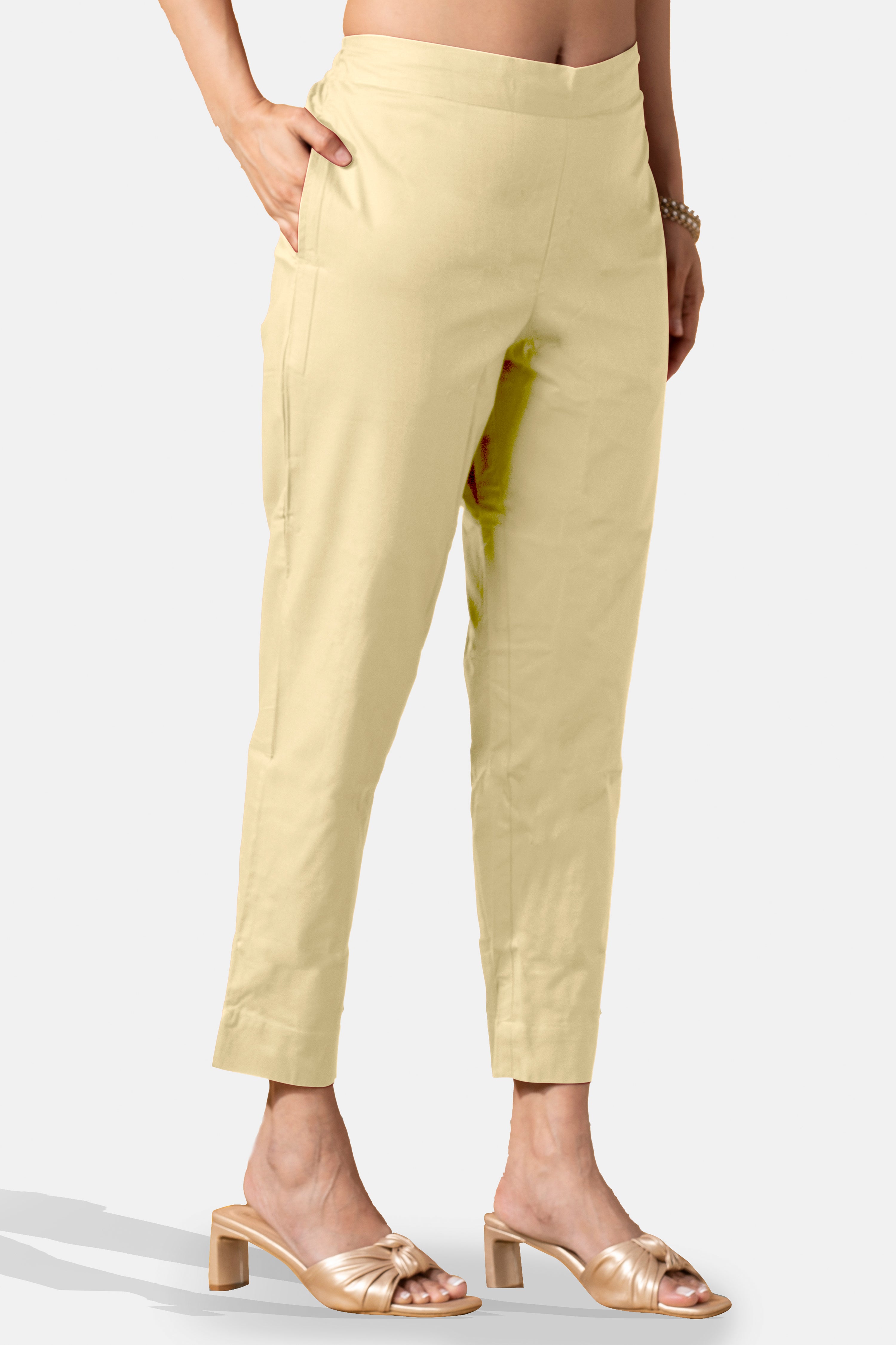 Light Beige Solid Pure Cotton Straight Pant with Pockets