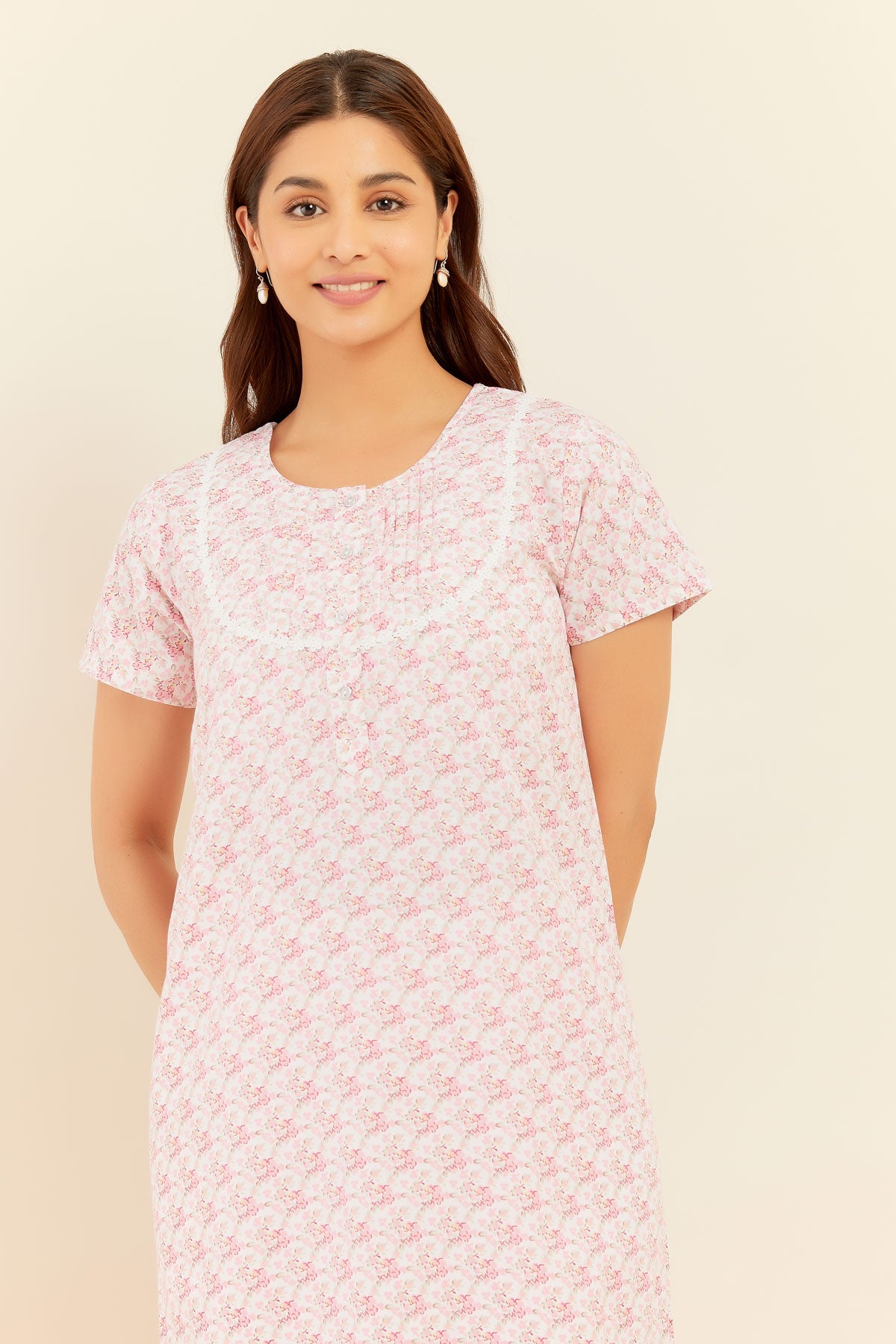 All Over Ditsy Floral Print With Pin-Tuck & Lace Embellished Yoke Nighty - Pink