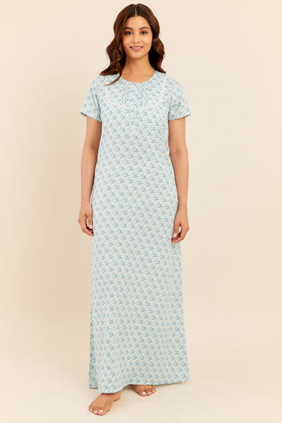 All Over Ditsy Floral Print With Pin-Tuck & Lace Embellished Yoke Nighty - Blue