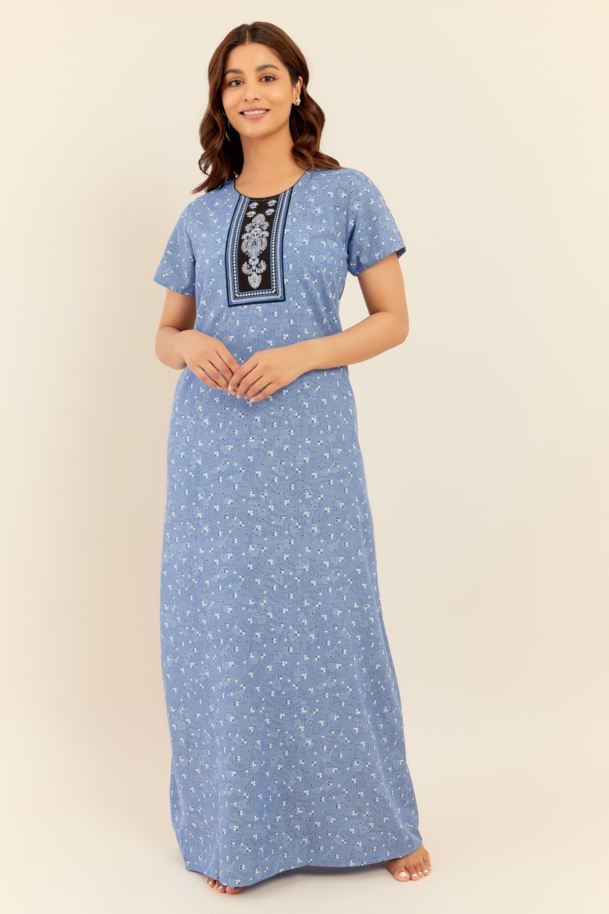 All Over Ditsy Geometric Print With Embroidered Yoke Nighty - Blue