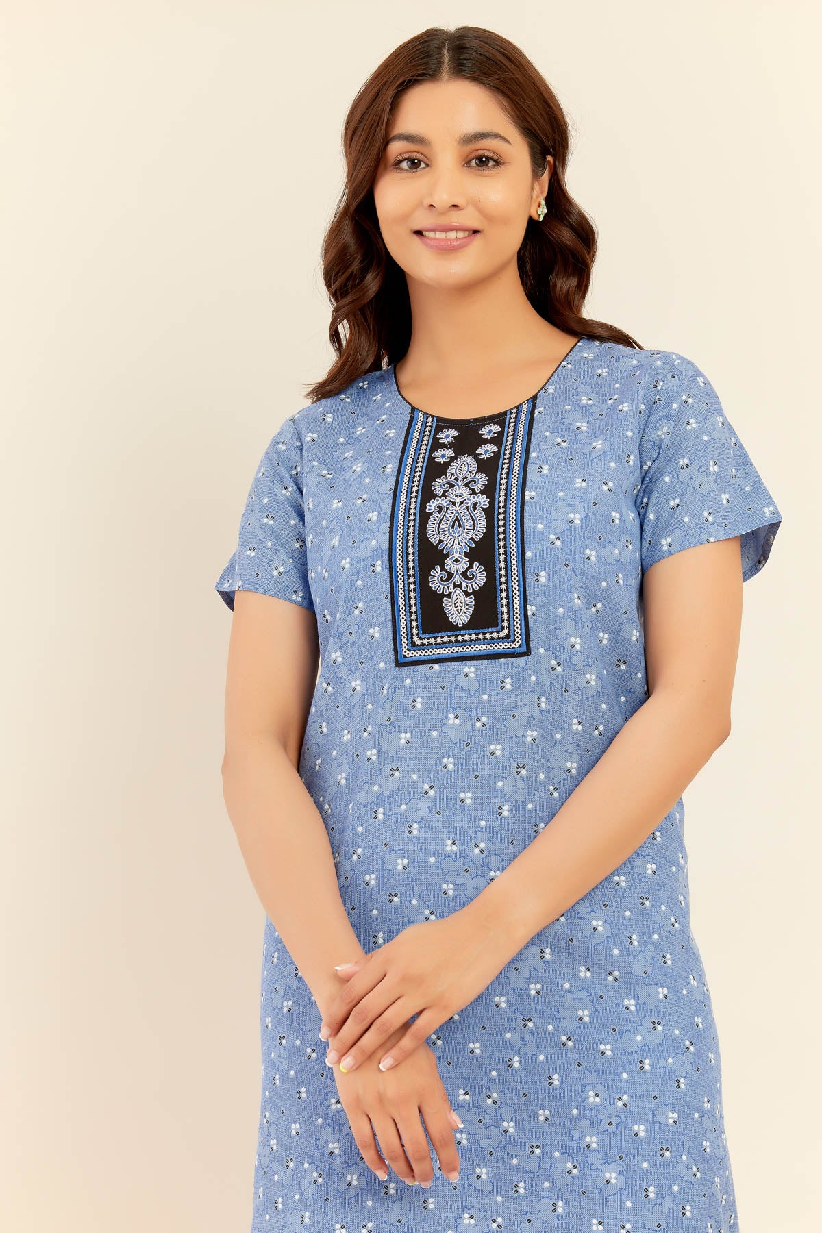 All Over Ditsy Geometric Print With Embroidered Yoke Nighty - Blue