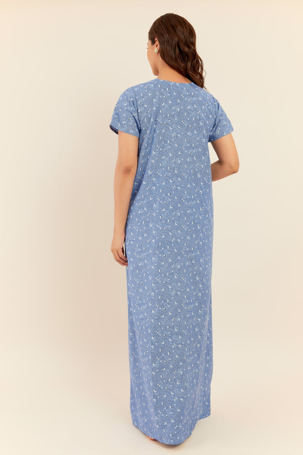 All Over Ditsy Geometric Print With Embroidered Yoke Nighty - Blue