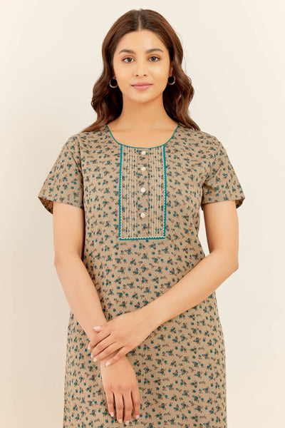 All Over Ditsy Floral Print With Embroidered Yoke Nighty - Grey & Green