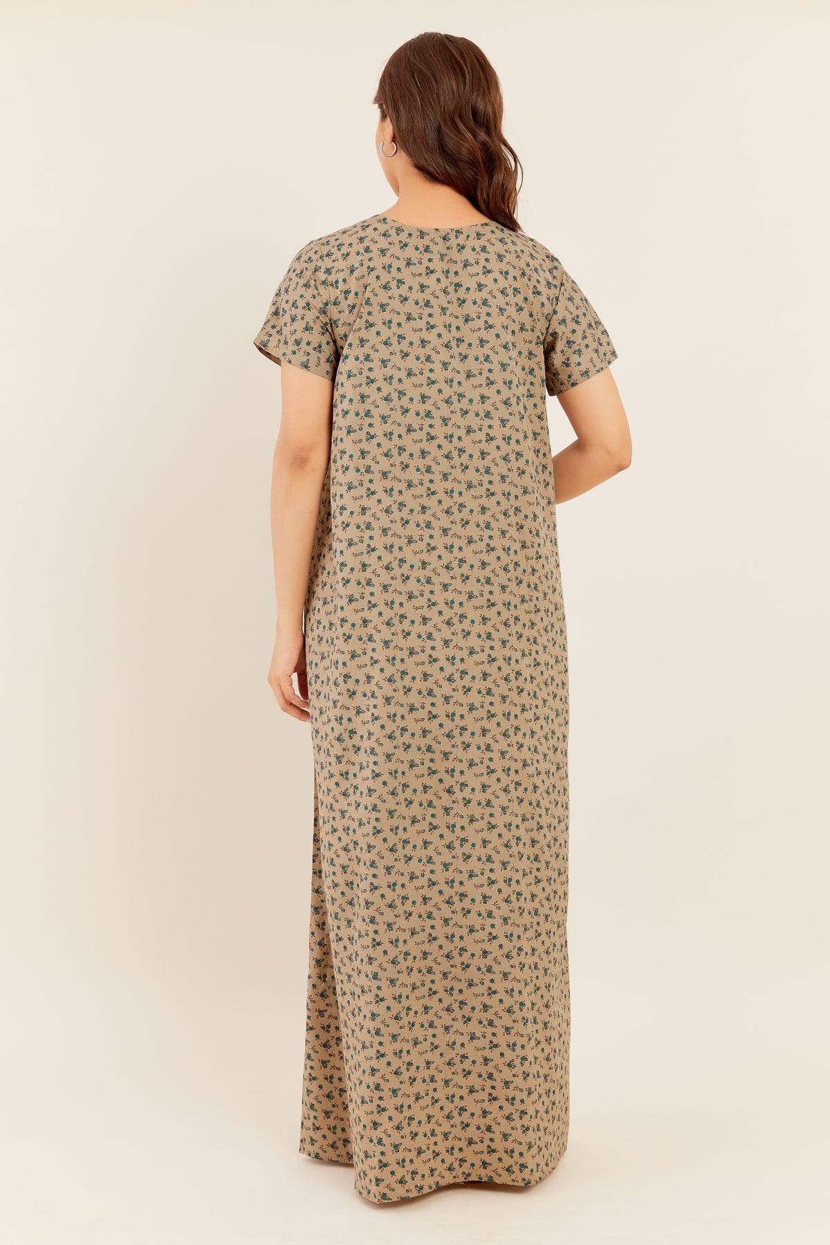 All Over Ditsy Floral Print With Embroidered Yoke Nighty - Grey & Green