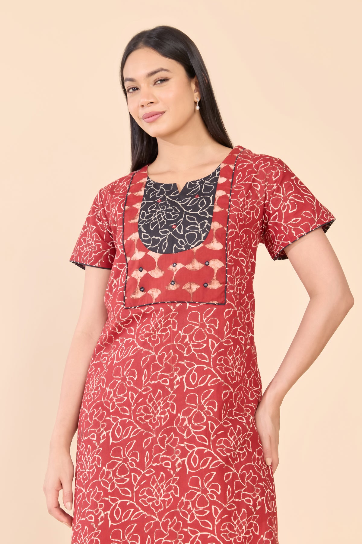 Maroon Batik Printed Cotton Nightwear