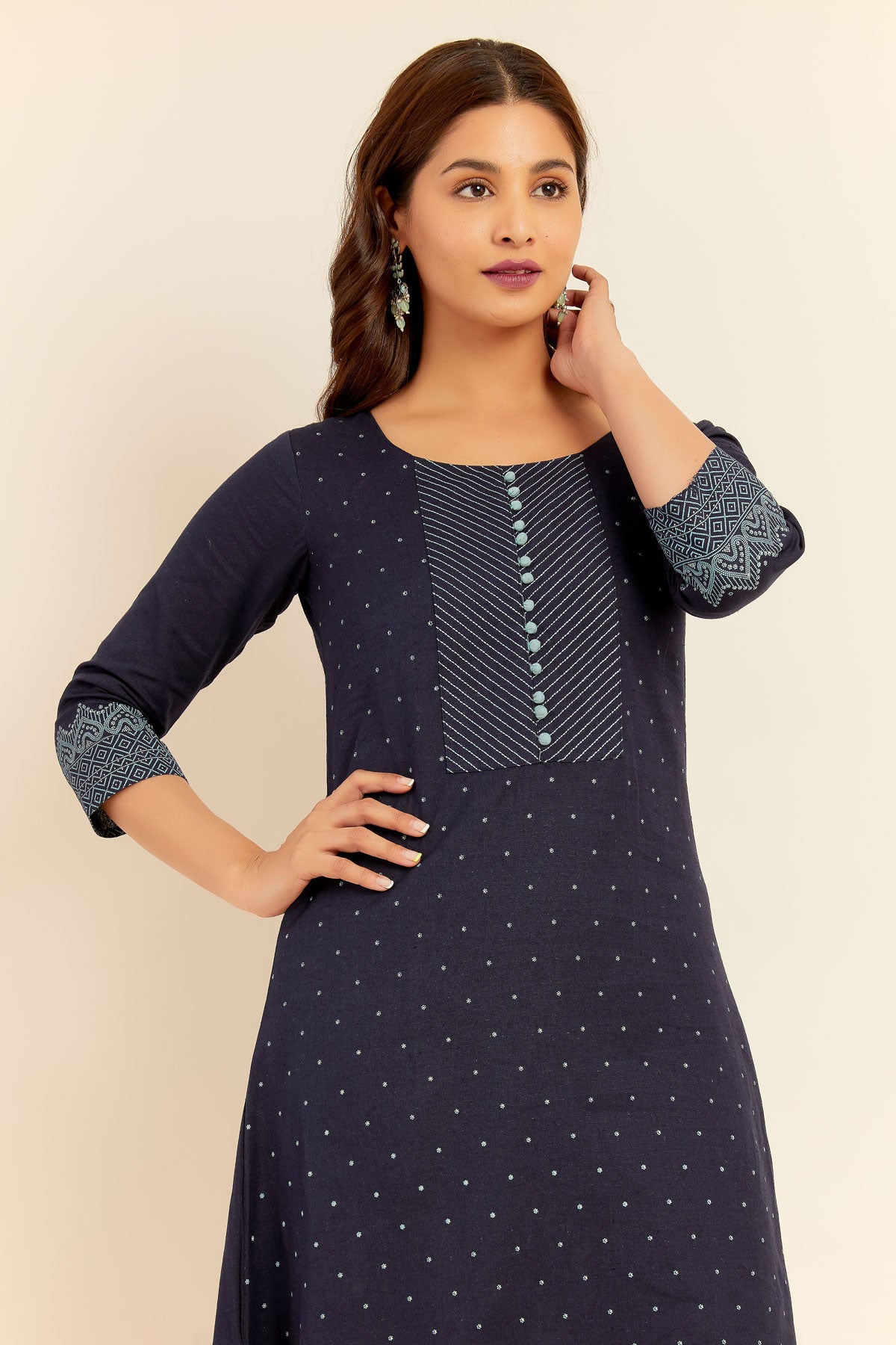 Ditsy Floral Print With Embroidered Yoke Kurta Navy