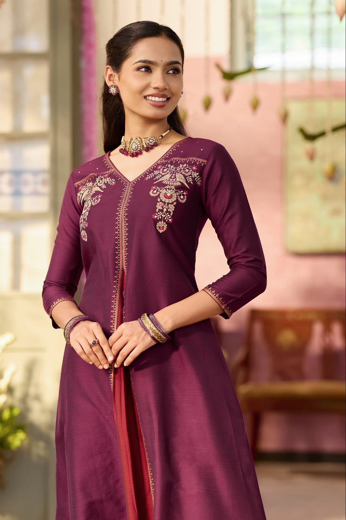 Burgundy Bird Embroidered A-Line Festive Kurta