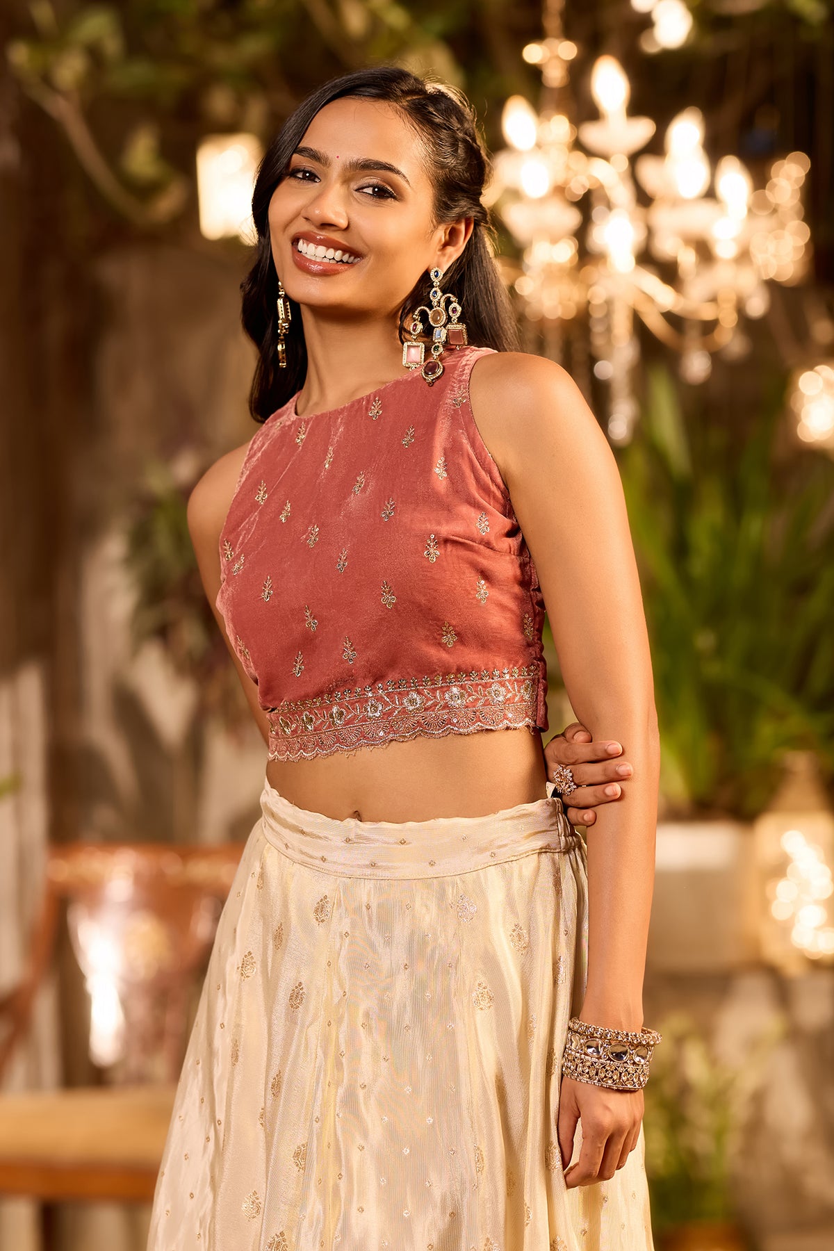 Pink Floral Embroidered Velvet Crop Top