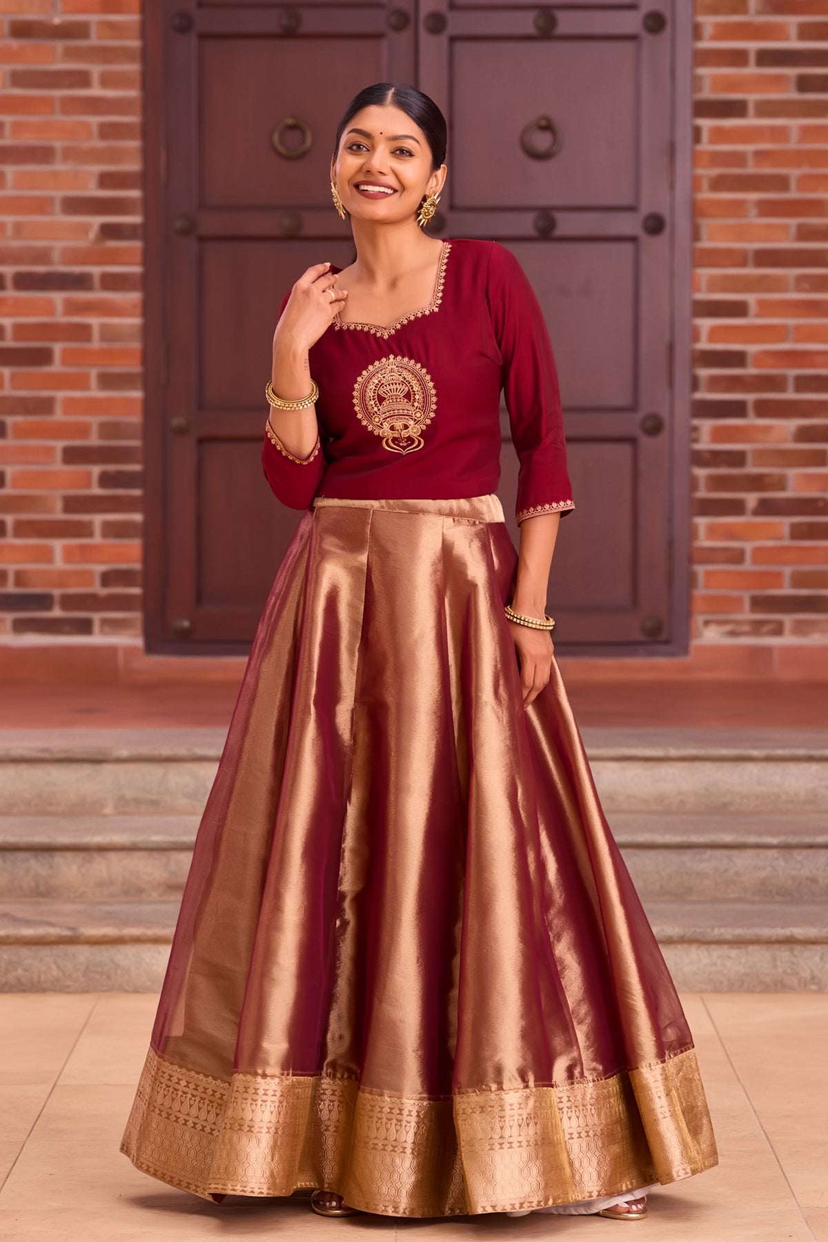 Maroon Variant Maroon Kathakali Embroidered Crop Top With Foil Mirror & Bronze-Gold T ...