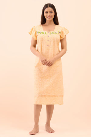 Floral Printed & Embroidered Nighty - Peach