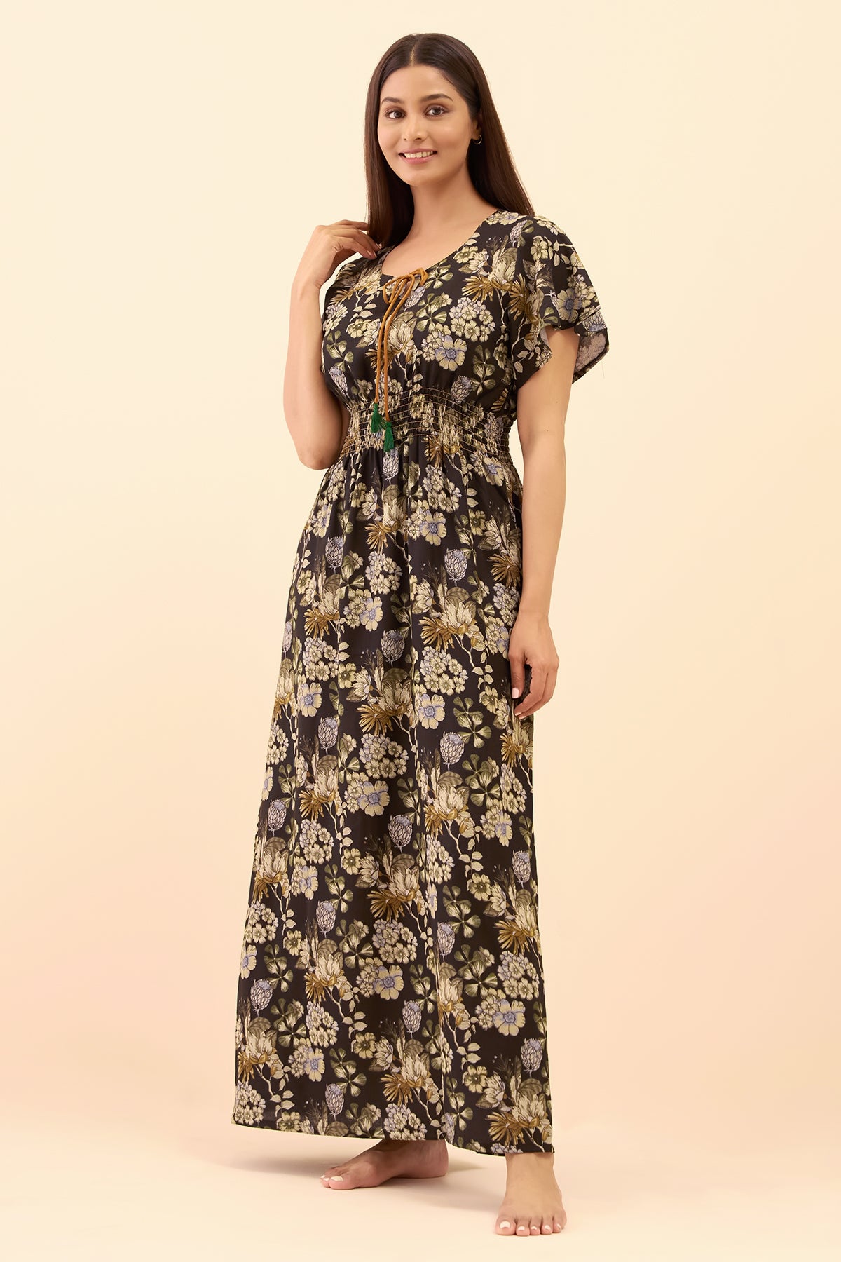 Floral Smocked Nighty with Waist Tie-Up - Black