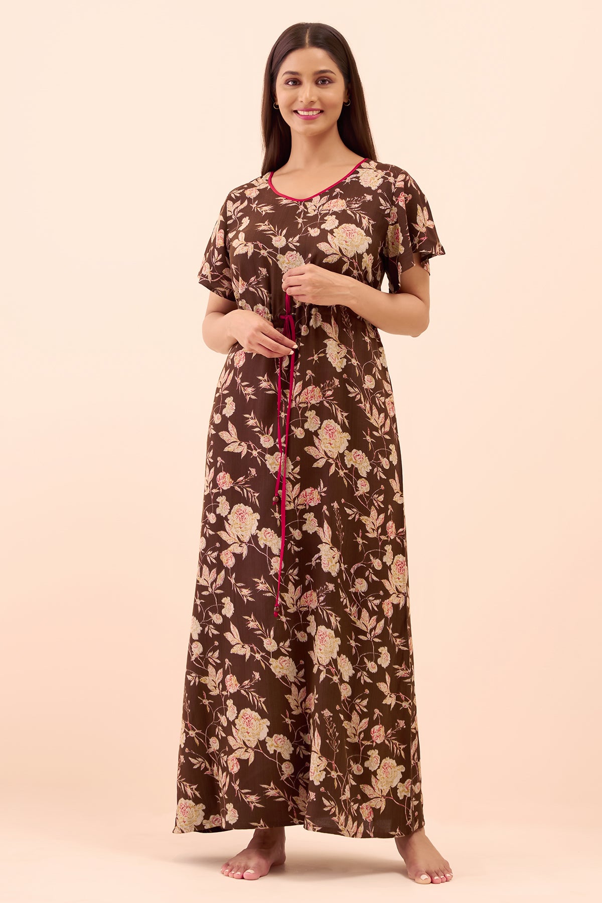 Abstract Floral Printed Nighty with Waist Tie-up - Brown