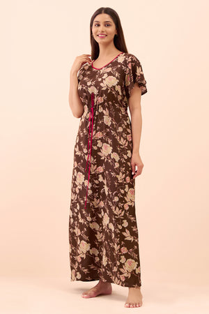 Abstract Floral Printed Nighty with Waist Tie-up - Brown