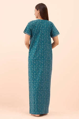 Floral Printed & Embroidered Nighty - Turquoise