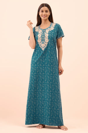 Floral Printed & Embroidered Nighty - Turquoise