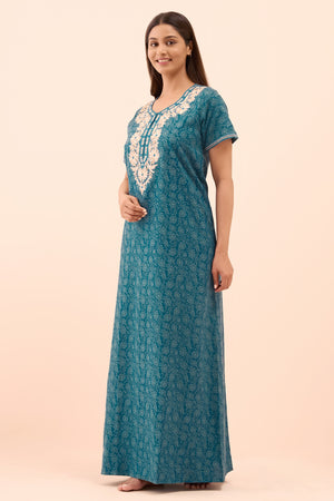 Floral Printed & Embroidered Nighty - Turquoise