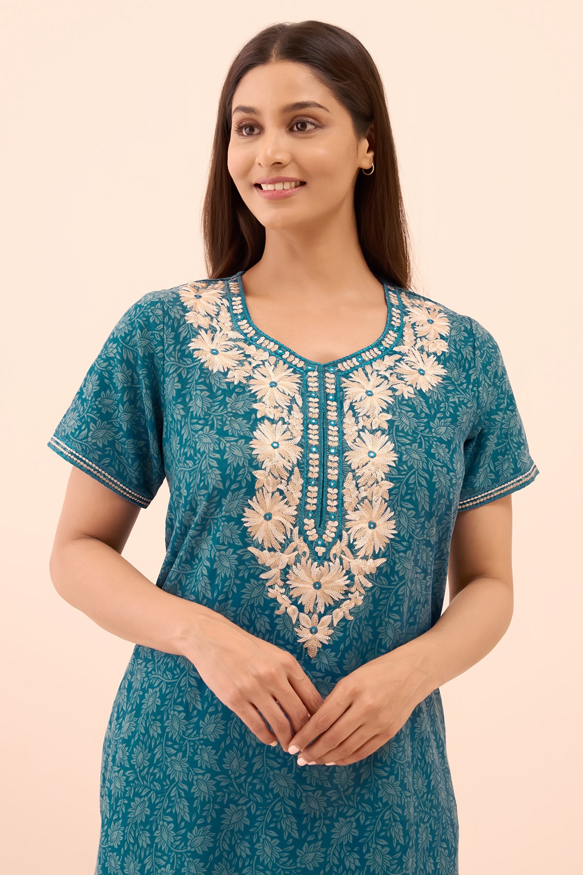 Floral Printed & Embroidered Nighty - Turquoise