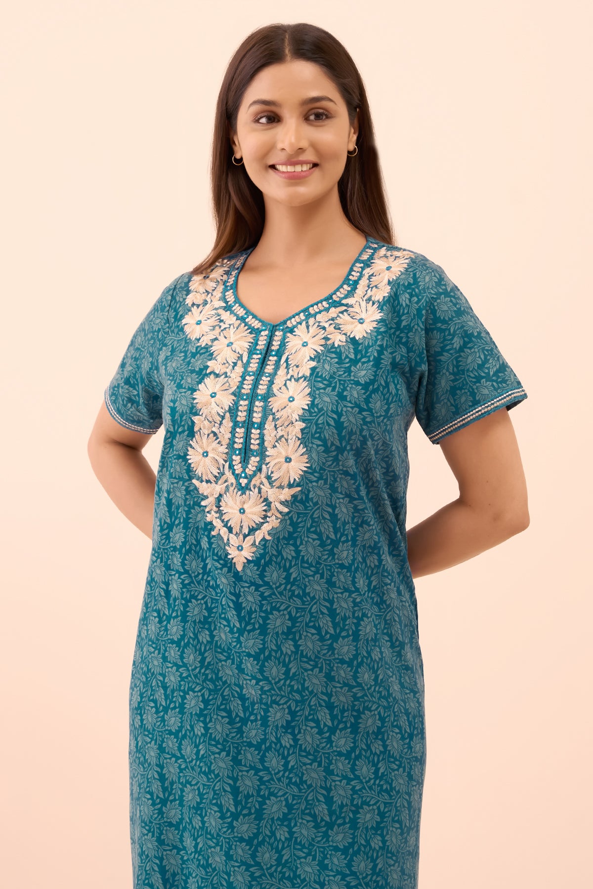 Floral Printed & Embroidered Nighty - Turquoise