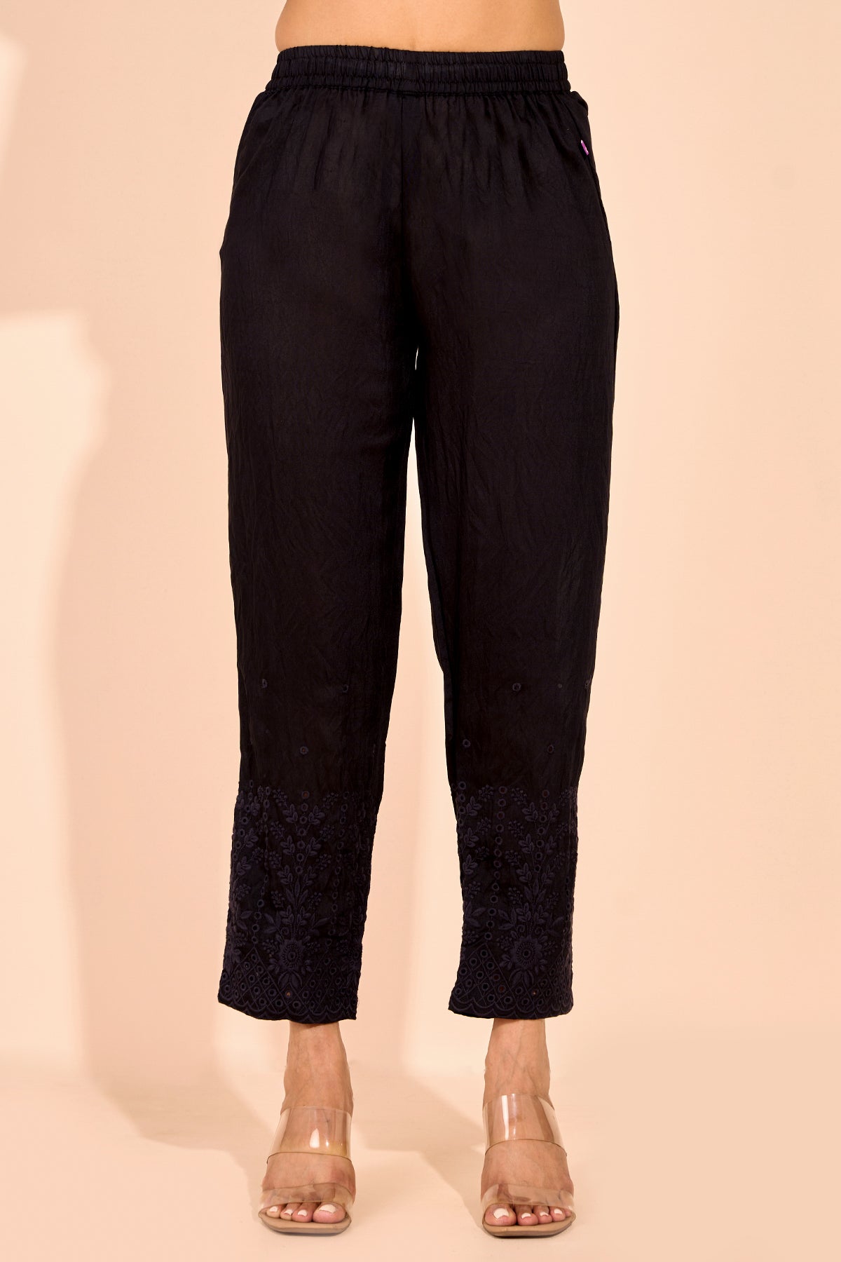 Solid Straight Pant with Floral Cut work - Black